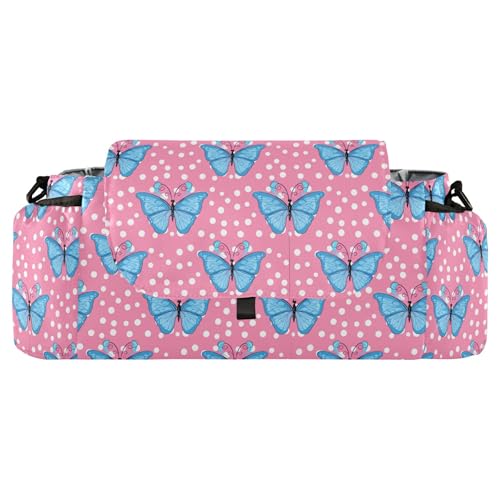 Burbuja Light Blue Butterflies Stroller Organizer with Insulated Cup Holders, Non-Slip Stroller Caddy Universal Fits Most Strollers, Nursery Accessories