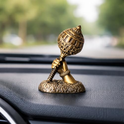 Image of Metal Hanuman Gada for Car Dashboard | Bajrangbali Gada Showpiece for Home Temple, Office Desk & Car, Housewarming Gift | Gift for him | 3.1 Inches | Dual Tape Included (Antique)