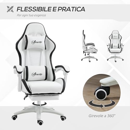 Sedia da Gaming Ergonomica in Pelle PU e Acciaio con Poggiatesta e Altezza Regolabile, Poltrona Gaming con Schienale Reclinabile e Cuscino Lombare, 65x65x121-129 cm, Bianco e Nero - Sedia gaming - Immagine 5