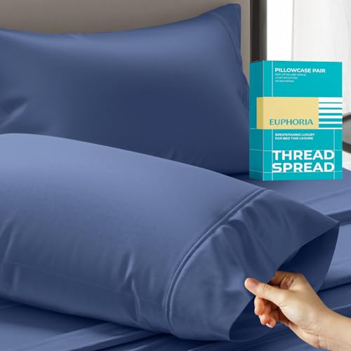 Thread Spread 100% Egyptian Cotton Queen Pillow Cases Set of 2 - Luxury 800 Series Euphoria Collection Queen Pillow Cases (Deep Blue), Soft Cooling Hotel Cotton Pillowcases, Fits Standard Pillows