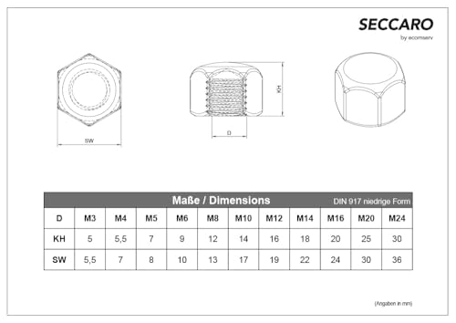 SECCARO Sechskant-Hutmutter M4, Edelstahl V2A VA A2, DIN 917, niedrige Form, 20 Stück