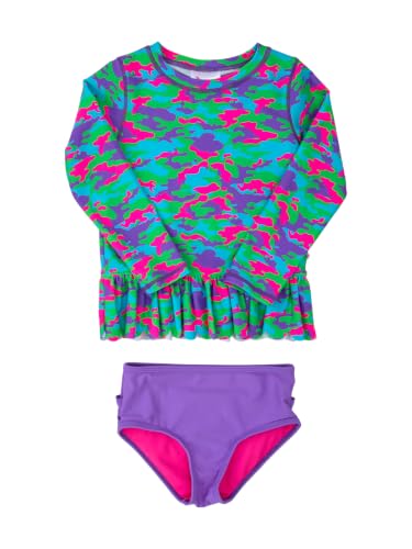Image of RuffleButts Girls Scalloped Long Sleeve - 2-Piece Rash Guard Swim UPF 50+ | Nylon Blend, UPF 50+ Sun Protection, Premium Quality, Stretch, Long Sleeve Top, Hand Wash
