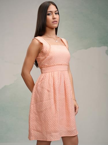 Image of Tokyo Talkies Women's Sleeveless Square Neck Self Design Dresses | Stylish Dresses | Casual Dresses