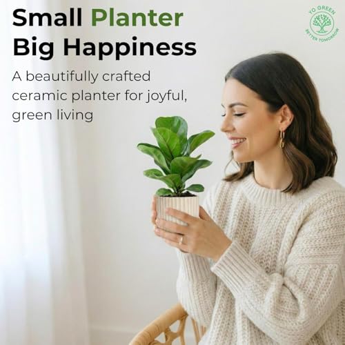 Image of Yo Green Modern Ribbed Ceramic Planter Pot | White Matte Indoor Plant Pot for Home, Office & Living Room Decor (Ribbed Design-4 Inch-Pink)