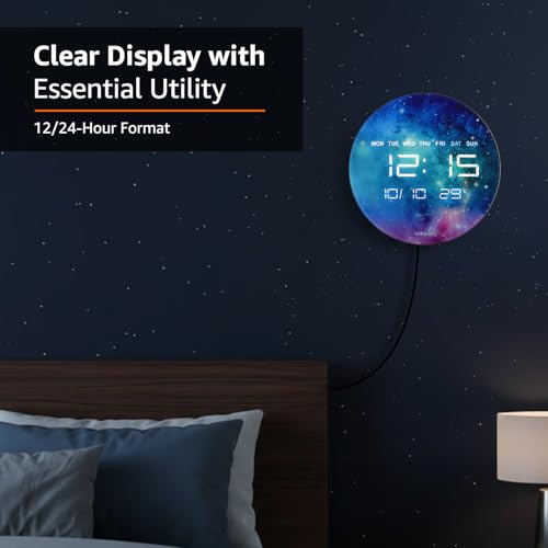 Image of Amazon Basics LED Digital Wall & Table Clock with 12 /24Hr Display, Auto Brightness, Blue Color, Temperature, USB Power, Auto Dimming, Backlight & Night Light - 32x32x3.2cm
