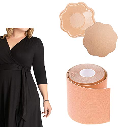 Bobs Tape, Breast Tape and 2 Pairs Petal NippleCover Set for A-DD Cup Big Size, Large Breast Lift Tape,Reusable Backless NippleCovers,Push up Tape,Body Tape,Bra Tape,Waterproof Foot Tape