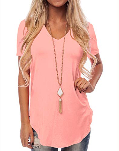 Women's Basic T-Shirt Short Sleeve V Neck Flowy Summer Tops Coral M