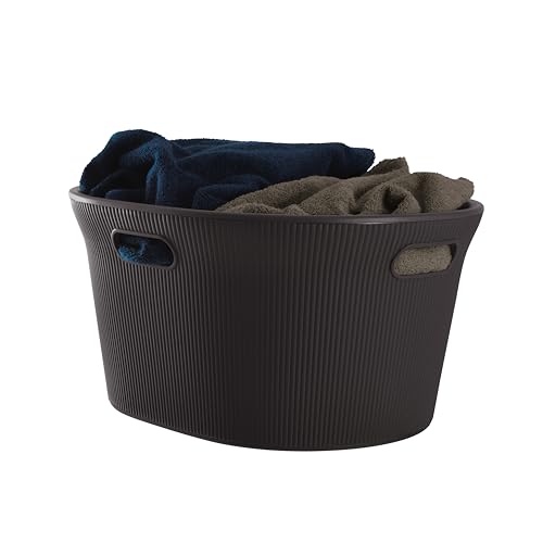 Image of Superio Ribbed Collection - Decorative Plastic Laundry Basket with Cut-Out Handles, Brown (2 Pack) Hamper Organzier for Bedroom Bathroom College Dorm Room 35 Liter