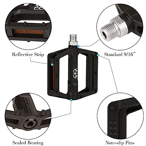 Boruizhen Road Bike Platform Pedals Lightweight Nylon Bicycle Pedals 9/16 For Road Mountain Bike (Black) #TOP3