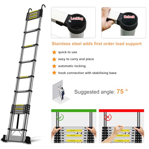 Teleskopleiter 4,7m, Handliche Leiter mit Haken und Stabilisatoren, Höhenverstellbar, für die Tägliche Pflege, Garten, Wohnwagen usw.