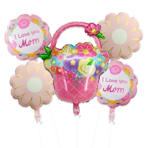 Image of Rozi Decoration Mother's Day Foil Balloon Set Pack of 5 - Floral Basket Shape Balloon with I Love You Mom Printed Round Balloons & Flower Shape Balloons for Party Decoration