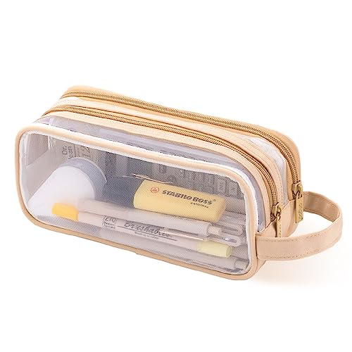 Image of Oyachic Clear Pencil Case,Grid Mesh Pencil Pouch,Pencil Bags with Double Zipper,Transparent Pencil Box for Aduts