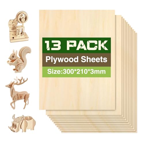 lompyeu Sperrholzplatte 3mm, A4 300x210mm 13 Stück Holzbrettchen，Bastelholz für Schnitzholz, DIY Bastelarbeiten, Holzzuschnitte, Modellbau