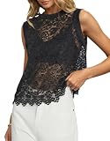 Women's See Through Lace Tops Floral Mesh Sheer Hollow Out Sleeveless Vest Crewneck Cover Up Going Out Velvet Top Black