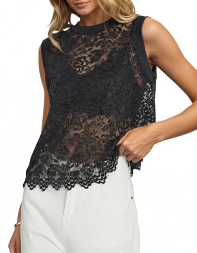 Women's See Through Lace Tops Floral Mesh Sheer Hollow Out Sleeveless Vest Crewneck Cover Up Going Out Velvet Top Black
