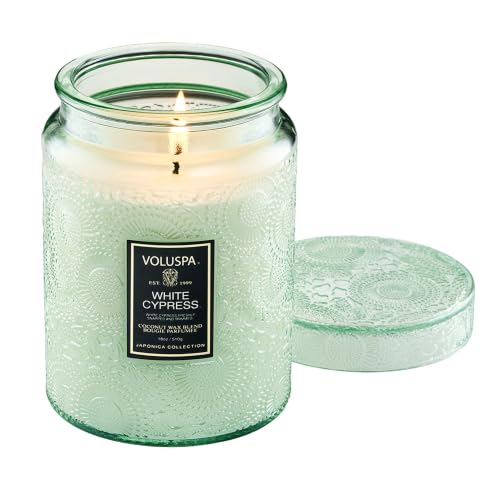 Image of Voluspa White Cypress,Large Candle Jar,18 Ounce,100 Hour Burn Time, & Coconut Wax for Clean Burning,Handcrafted in the USA