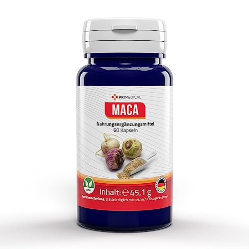 MACA Cápsulas veganas, 1950 mg MACA en polvo por dosis diaria, sin lactosa, sin gluten, producido en Alemania, primedical 1 x 60 cápsulas