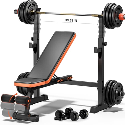 Fostoy 770lbs Weight Bench Set with Squat Rack Workout Bench Press With Removable Foot Catch Adjustable Flat Incline Sit Up Bench for Home Gym Full Body Strength Training (5in1 Weight Bench Set)