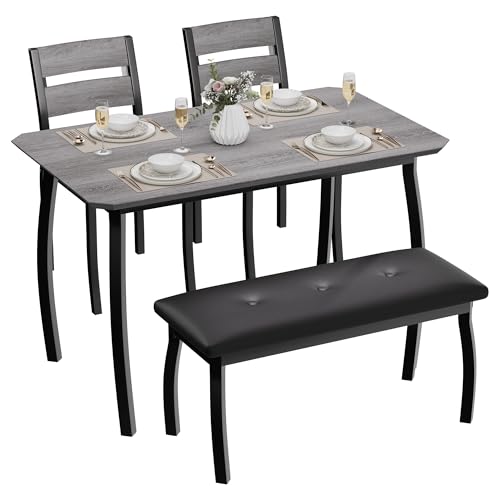 Thaookte Juego de mesa de cocina de 4 piezas, mesa de comedor con 2 sillas y bancos acolchados para espacios pequeños, mesa de comedor rectangular de metal y madera para 4, ideal para comedor y