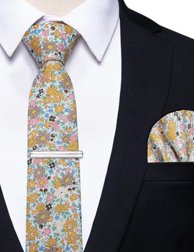 Image of YourTies Cotton Floral Tie for Men 2.5 inch Printed Skinny Necktie Pocket Square Tie Clip Set Flower Wedding Party Groom