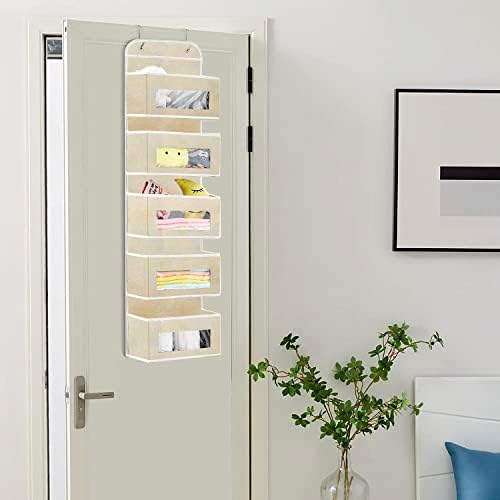 Aqash Over Door Hanging Storage Organiser - 5 Clear Window Pockets Organizer For Toys, Wallets And Towels, Grey (Beige)
