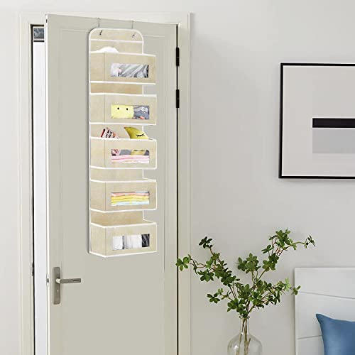 Aqash Over Door Hanging Storage Organiser - 5 Clear Window Pockets Organizer For Toys, Wallets And Towels, Grey (Beige)