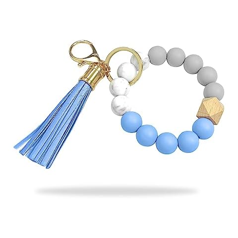 wocoxo Wristlet Keychain, Silicone Beads Elastic Key Ring Bracelet and Cute Tassels for Women (Blue & grey) Cover