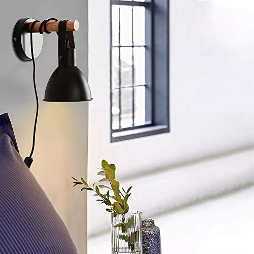 Wandlamp hout industrie retro vintage zwarte lamp met EU stekker en schakelaar, inclusief 5W E27 LED lamp - Afbeelding 4