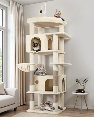 Globlazer Arbre à Chat Beige Grand 188 cm Hauteur avec 2 Niches, Grande Rembourré Plateforme, Doux Panier, Peluche Jouets, Solide Arbres a Chats pour 3-4...