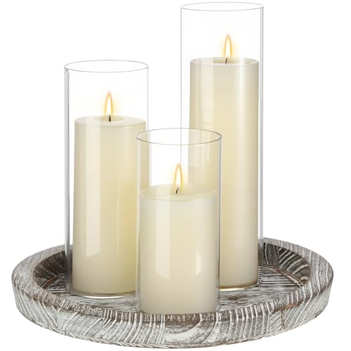 Shihanee Set of 3 Table Centerpiece Ivory Pillar Candles and Glass Cylinder Candle Holders with 1 Round Wooden Decorative Plate Wooden Tray 11.2
