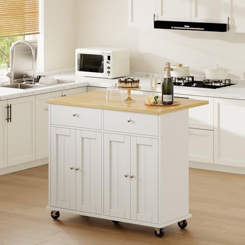 Shintenchi Kitchen Island with Drop Leaf, Rolling Kitchen Cart with Storage on Wheels, Table Bar Cart for Kitchen with Towel Rack & Seating Area for Dining Room, White