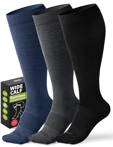 Bbfrey Wide Calf Compression Socks for Women Men Plus Size 2030 mmHg Bamboo Viscose Knee High Large Support Socks 3 Pairs