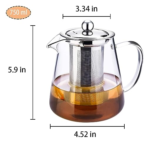 Glass Tea Pot with Infuser Stainless Steel Loose Tea and Blooming Tea - microwavable and Stove top Safe- Tea Strainer with Capacity 750ml 25 Qz1
