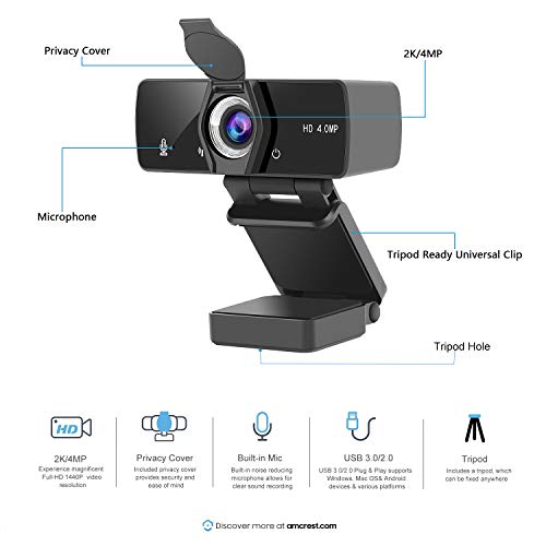 Webcam with Microphone for Desktop, Camera Computer 2K/4MP/1440P,USB Plug & Play Web Camera with Privacy Shutter and Tripod for YouTube, Skype, Video Calls, Studying, Conference, Games
