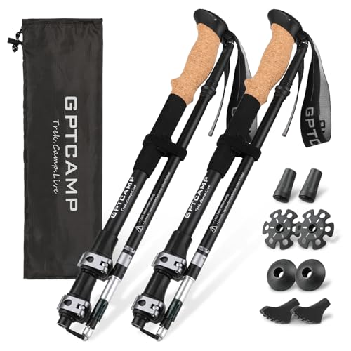 GPTCAMP Walking Sticks,Trekking Poles Collapsible Hiking Poles,Lightweight Folding Travel Walking Pole for Men Women,2pc Adjustable Hiking Stick with EVA Foam Grips for Backpacking,Black