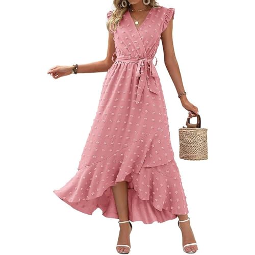 Midi Kleid Damen, Sommerkleid Damen mit Lang Ärmeln Tunika Fließend Wickelkleid V-Ausschnitt Vokuhila Kleid mit Schlitz Rüschen Saum Strandkleid...