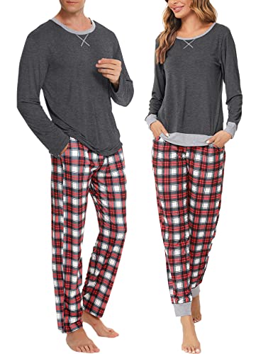 SWOMOG Couples Pajama Sets Women & Men Long Sleeve Sleepwear Top Plaid Pants Loungewear Set with Pockets Women Deep Grey - Red Plaid X-Large