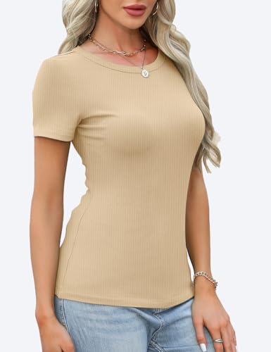 GKBK Ribbed Short Sleeve Tops for Women Crew Neck Fitted Tight Shirts Layering Top Basic Tee Tshirts Cute Summer Tops Casual Spring Clothes Outfits 2026 Trendy Beige — view 4