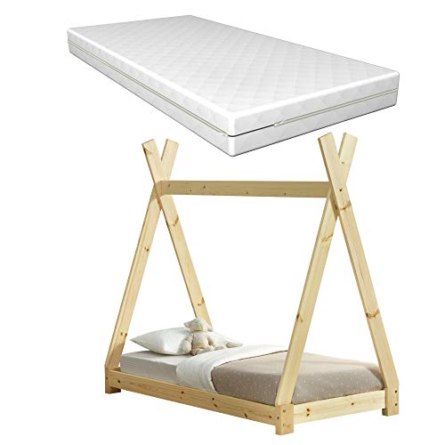 [en.casa] Kinderbett Onejda aus Kiefernholz mit Matratze 70x140cm Tipi-Design Bett Holzbett Hausbett Kaltschaummatratze Öko-Tex Standard 100 Allergikergeeignet Atmungsaktiv