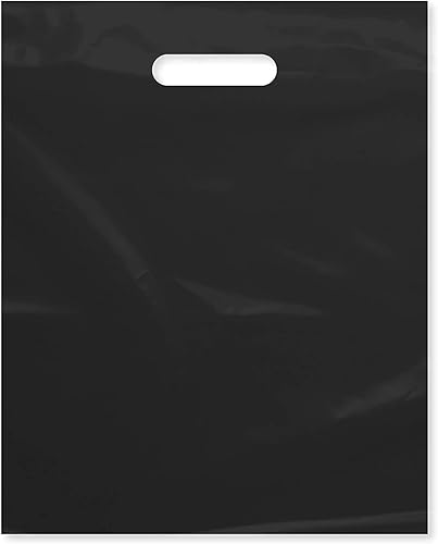 InfinitePack - Bolsa de plástico con asa troquelada, 12 x 15 pulgadas, bolsas de plástico negro para mercancía, paquete de 100 unidades para venta