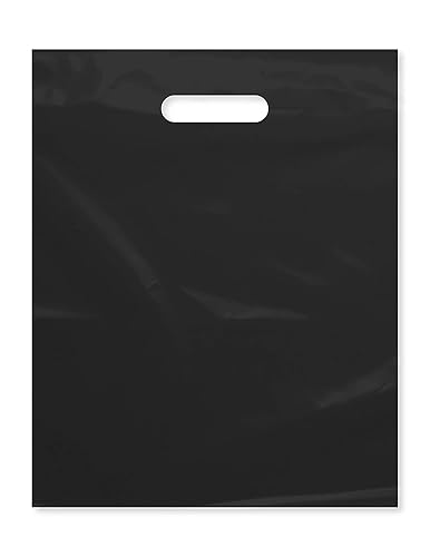 Bolsa de plástico con asa troquelada de 12 x 15 pulgadas, bolsas de plástico negro para mercancía, paquete de 100 unidades para venta al por menor,
