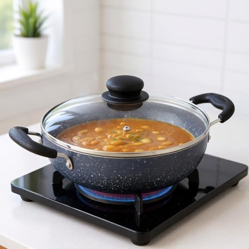 Amazon Solimo Non-Stick Kadai with Glass Lid | Granite Finish | Induction Base | PFOA Free | High Temperature Resistant Exterior Coating | 22 cm |... - Image 5
