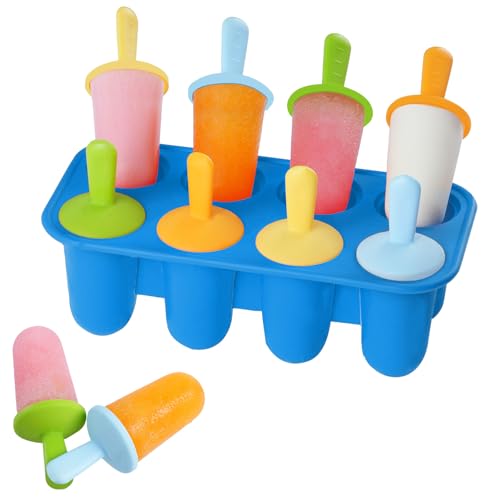 Miaowoof Silicone Popsicles Molds for Toddlers, 8-Cavity Non-BPA Premium Silicone Small Popsicle Molds, Ice Pop Mold with 8 Colorful Reusable Sticks for Kids (Blue)
