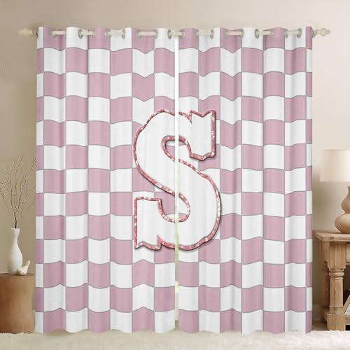 Image of Erosebridal Pink Initial S Window Drapes Kawaii Plaid Checkered Blackout Curtains 38 inchWx54 inchL Cute Personalized Monogram Curtains for Kids Girls Bedroom,Fashion Grids Gingham Window Treatments 2 Panels