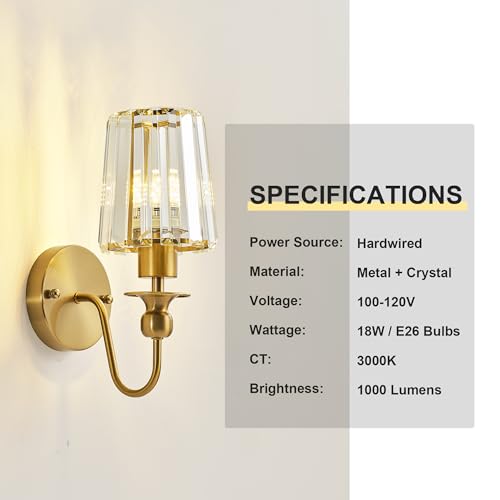 Image of KARTOOSH Hardwired Crystal Wall Sconces Set of 2 | 11.2 Inch Brass Wall Lights Dimmable 3000K Warm White Wall Lamps for Hallway, Bathroom, Living Room, Bedroom