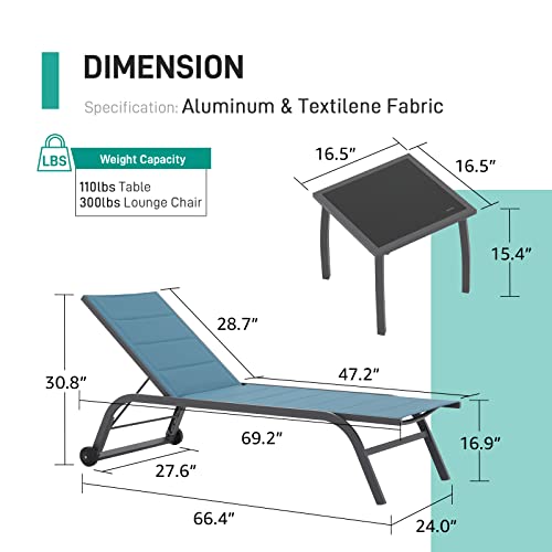 Patiorama Outdoor Patio Chaise Lounge Chair Set Of 3, Dark Grey Aluminum Textilene Padded Adjustable Recliner W/Wheels, Side Table, Pool Lounger All Weather For Beach, Yard, Balcony (Turquoise Blue) #TOP1
