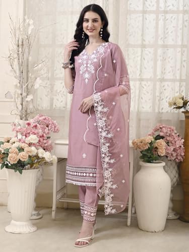 Image of NIVANA Womens Pakistani Style Embroidered Kurta with Pant & Embroidered Dupatta | Chanderi Straight Kurta Set with V-Neck & 3 /4 Sleeves | Ethnic Wear for Festive & Casual Occasions
