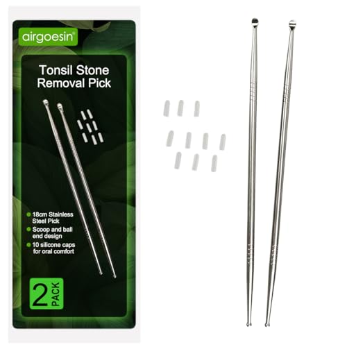 Airgoesin 2pcs Longer 7' Tonsil Stone Remover Pick Tonsillolith Premium Tool Stainless Steel Oral Cleaner to Get Rid of Bad Breath with 10 Silicone Caps