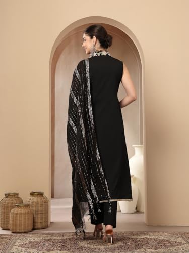 Image of Stylum Women's Solid & Embroidered Crepe A-Line Kurta with Dupatta
