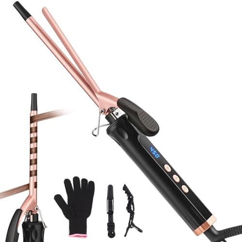 3/8 Inch Small Curling Iron Wand for Tight Curls 9mm Thin Curling Wand for Short & Long Hair Ceramic Barrel Hair Curler with Adjustable Temperature Dual Voltage Heat Resistant Glove Included